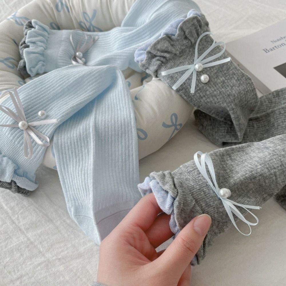 5Pairs Ruffle Mid Tube Socks Thin Sweet Socks Women Solid Color Bowknot Pearl Socks  Lady