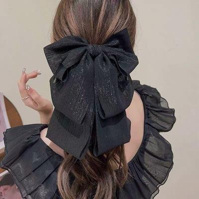 Women's Pearl Hairpin Chiffon 3-Tier Big Ribbon Clip Hairpin