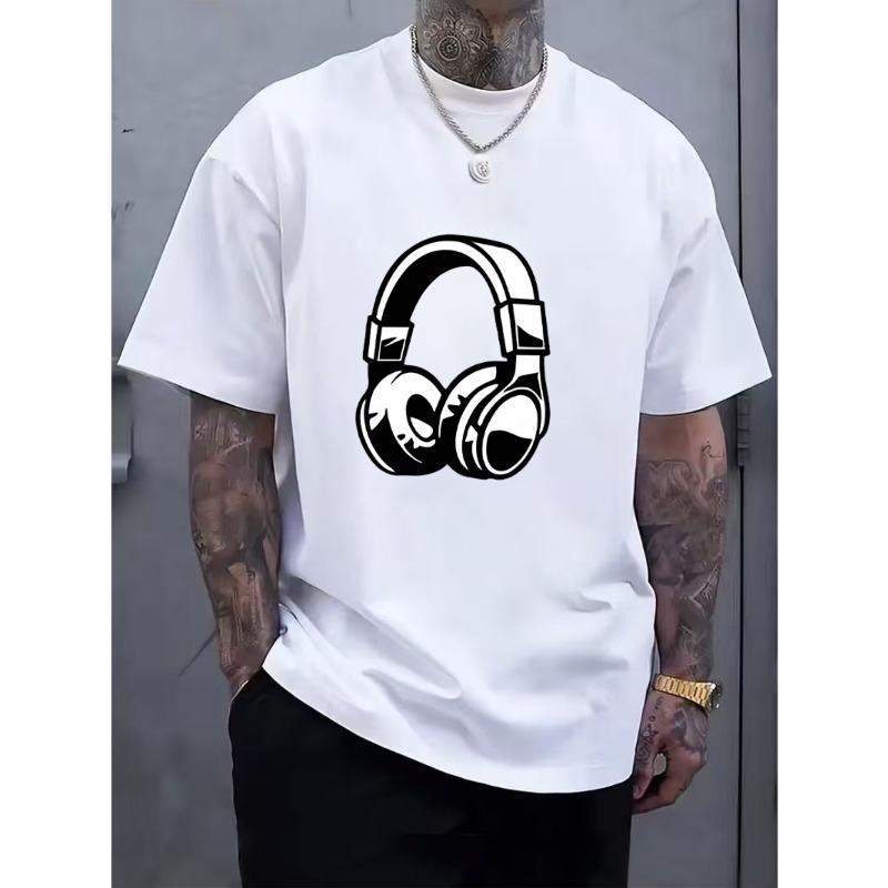 Herren-Kopfhörer Grafikdruck T-Shirt - Rundhals Sommer Kurzarm Shirt, Maschinenwaschbar, Vielseitiger Streetstyle, Modisches Atmungsaktives Gewebe