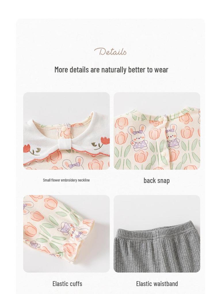 Girls' Floral Print Cotton Two-Piece Set - Long Sleeve Top & Pants for Spring/Autumn