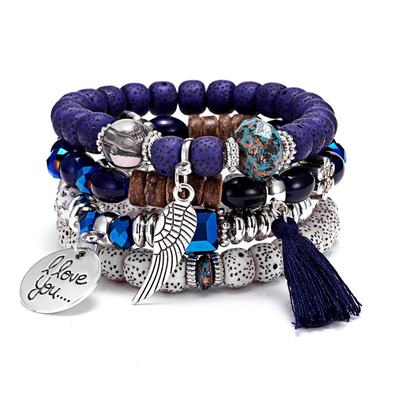 

4pcs/set Multilayer Bracelets Bohemian Charm Beads Wings Tassel Bracelet Bangles Set for Men Women синій