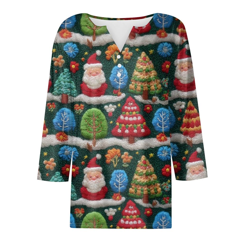 Damenmode Lässig Halloween Bedruckt V-Ausschnitt Kurzarm Zierknopf Dreiviertelarm T-Shirt Top