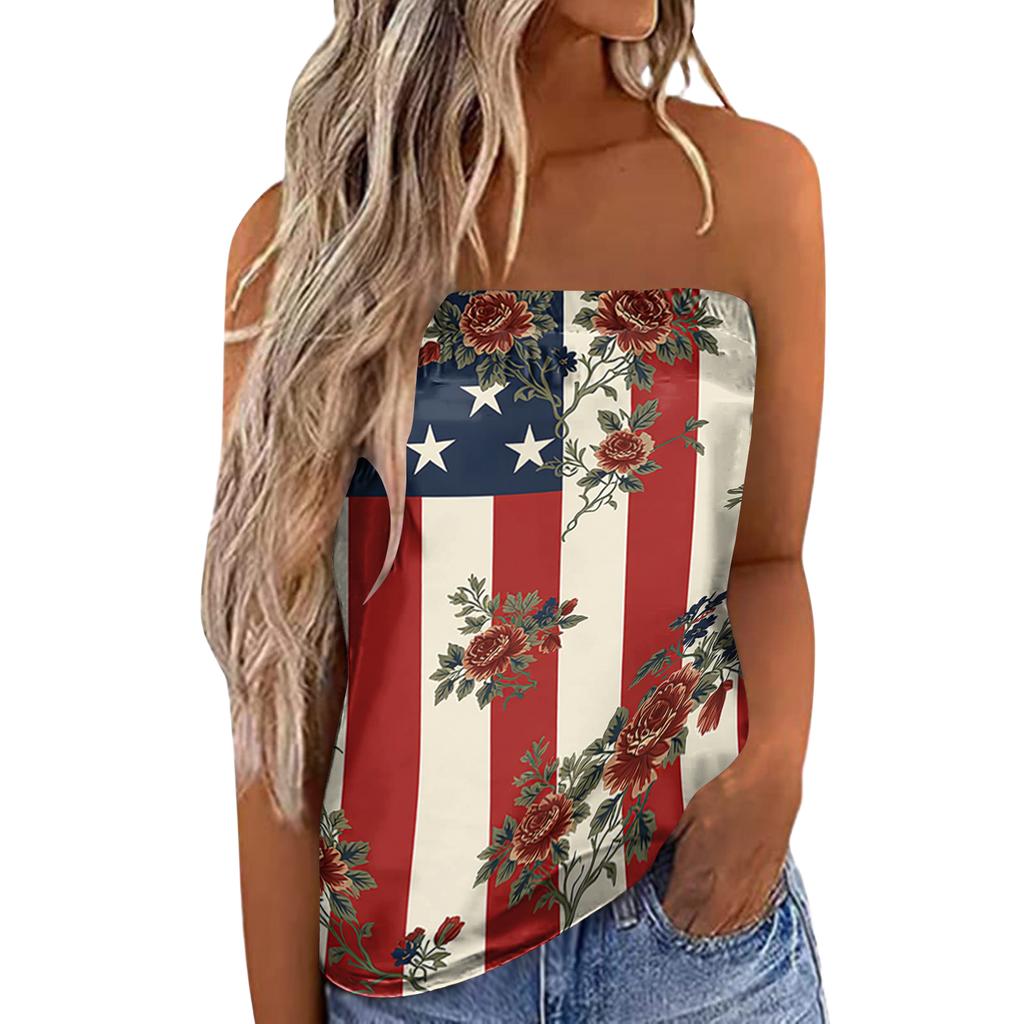 Women's Summer Sexy Strapless Off-Shoulder Elastic Band Design Independence Day Print Top