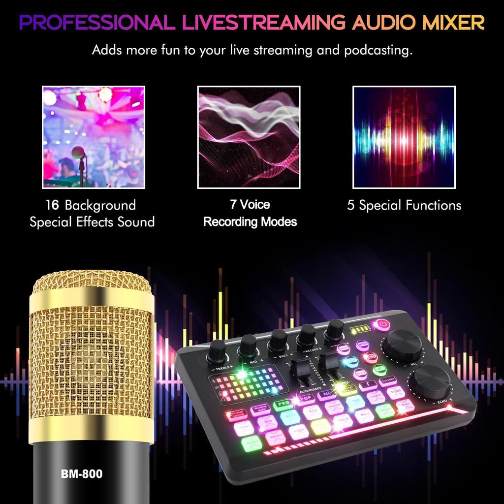 ALSO GO Podcast Equipment Bundle BM-800 Microphone Gold F998 Sound Card for Podcasting Singing Gaming Live Streaming YouTube TikTok
