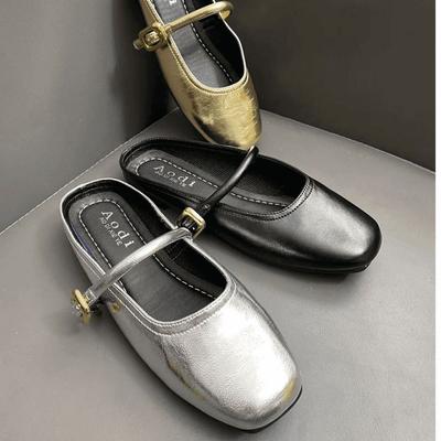 Flat Bottom Square Head Silver French Mary Jane Shoes Children's 2025 Summer and Autumn New Shallow Mouth Doudou Grandma Bag Head Drag