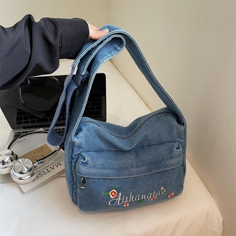 Fall 2025 New Denim Handbag Embroidered Niche Design Fashionable Simple Commuter Crossbody Bag
