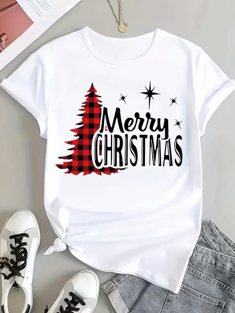 (Asian Size) Style Cute Tee Top Print Christmas New Year Clothing T Shirt Women Fashion Festival Female Woman Short Sleeve Graphic T-shirts
