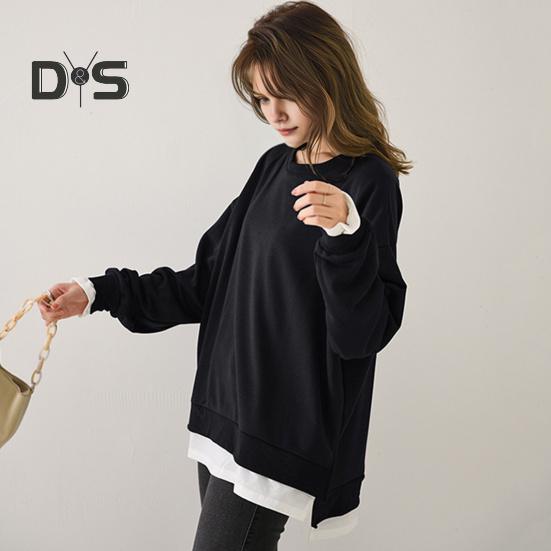 Women Sweatshirt Round Neck Long Sleeve Solid Color Loose Fit Pullover Tops Fake Two Pieces Side Slit Design Casual Sport Tops