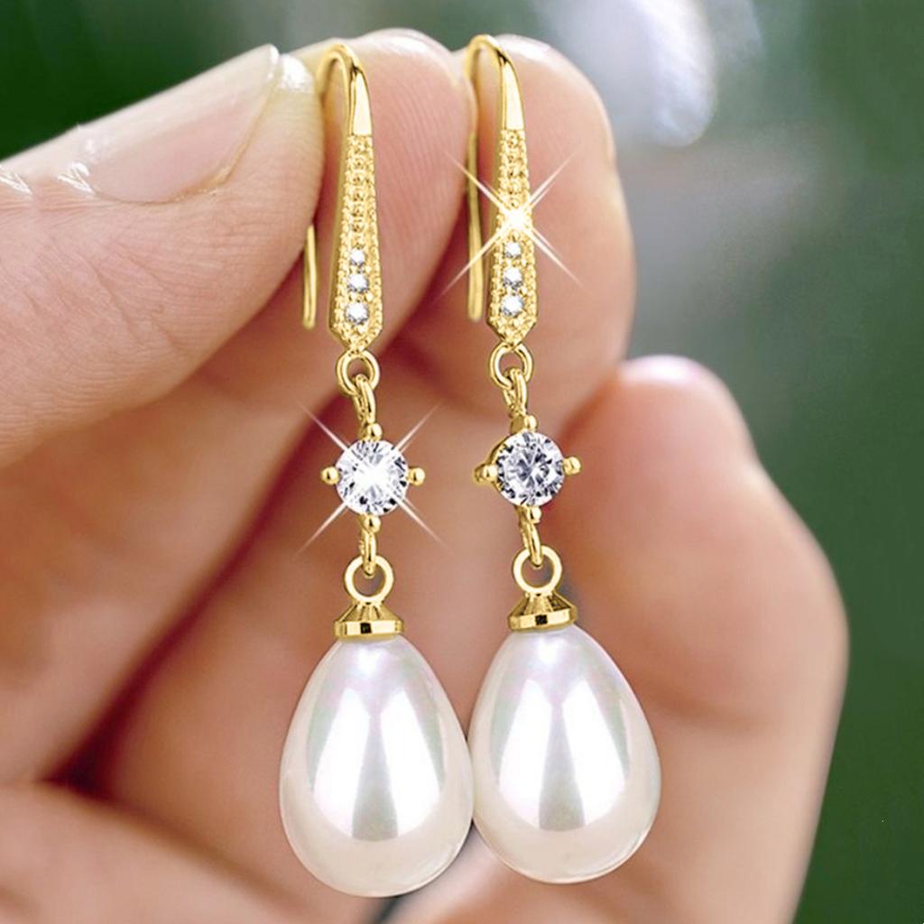 Teardrop Pearl Dangling Drop Earrings Paved Shiny Stone Fish Hook Dainty Ear Rings for Women Wedding Formal Jewelry
