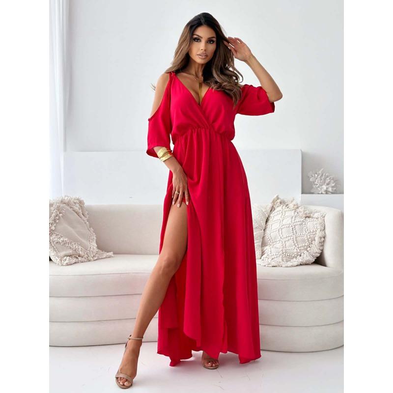 New Cross V Neck Loose Elegant Party Suspender Dress Five-quarter Sleeve Off Shoulder Lace Up Casual Split Sexy Long Dress Party Slim Women's Clothing