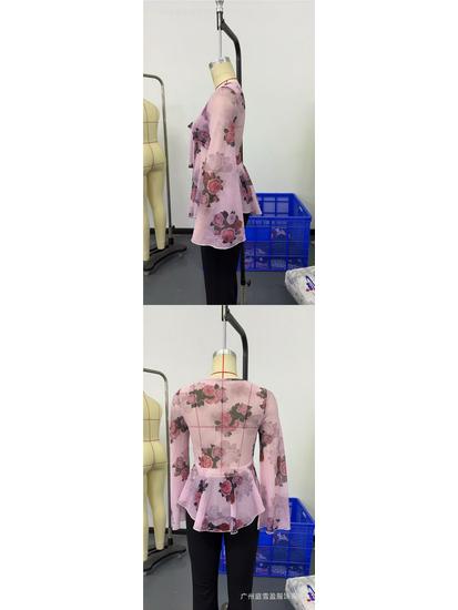 European Floral Gradient Tie-Up Square Neck Long Sleeve Shirt