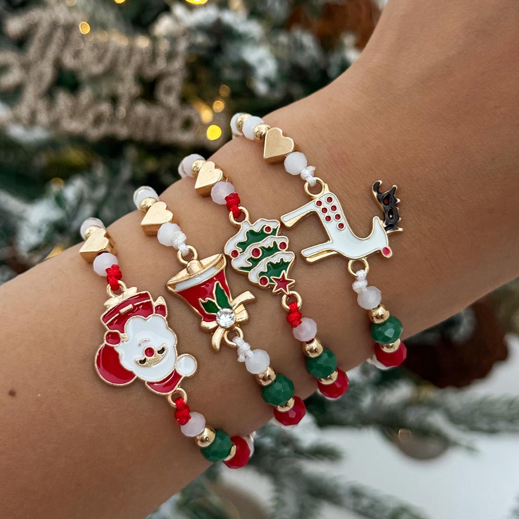 Christmas Beaded Elk Adjustable Bracelet, Cartoon Drip Santa Holiday Ornament