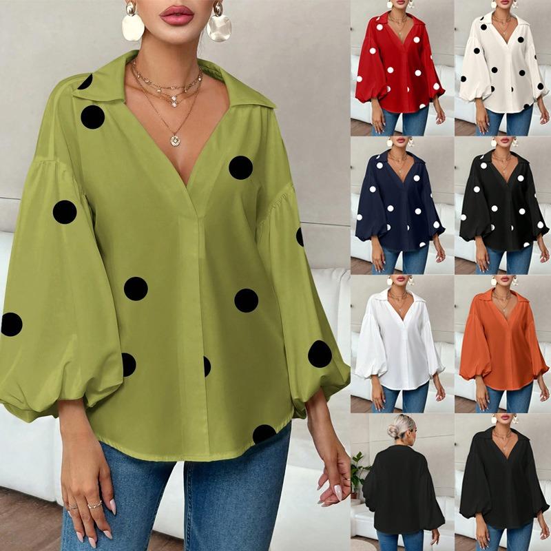 Elegante Blusa da Donna a Pois Larga con Scollo Semiaperto Top Casual a Maniche Lunghe Scollo a V Primavera Autunno Stampata Dolci Camicie Semplici da Ufficio per Signore