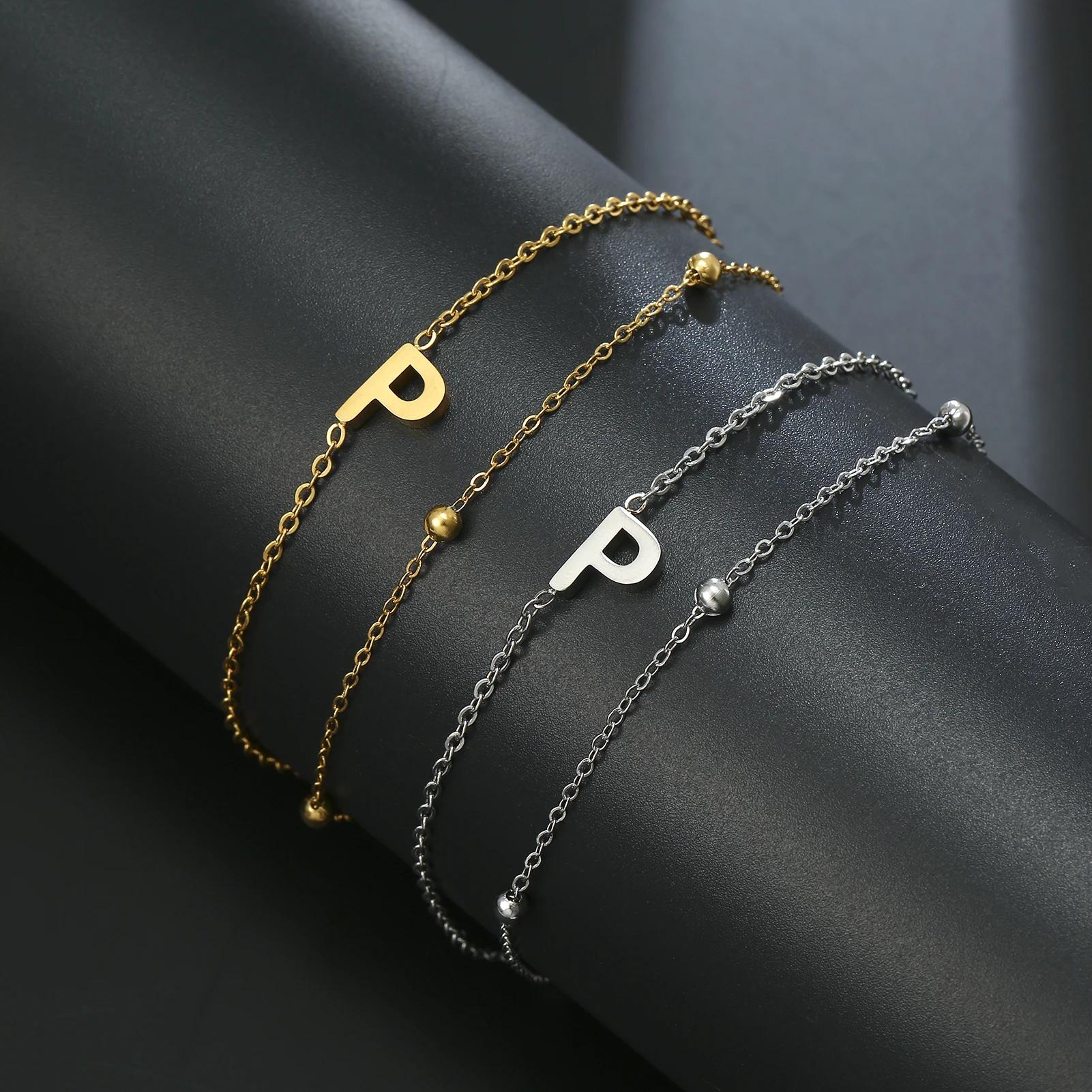 

Teamer Initial Name A-Z Letter Double Chains with Bead Bracelet Women Fashion Alphabet Stainless Steel Jewelry Gift Wholesale Steel color