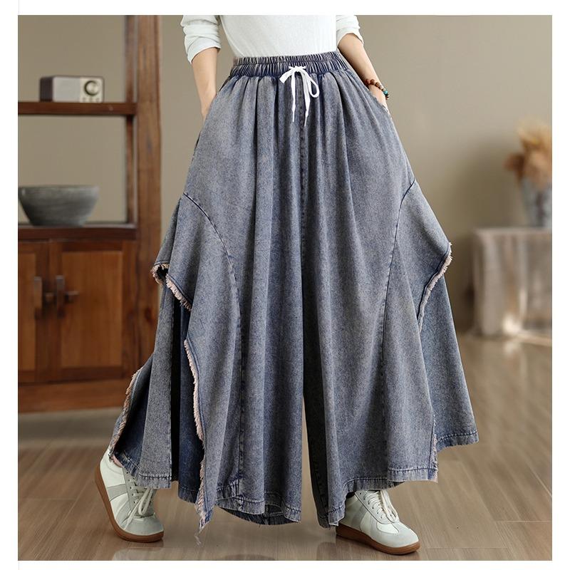 Autumn Winter Plus Size Women Jeans Long Pants Trousers Loose Wide Leg Pants Casual Denim Skirt Pants