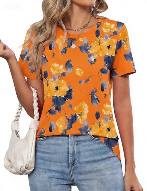 Summer Crew Neck Short Sleeve Watercolor Floral Print T Shirt Women s Outfits Casual Daily Wear Loose Tees XXS