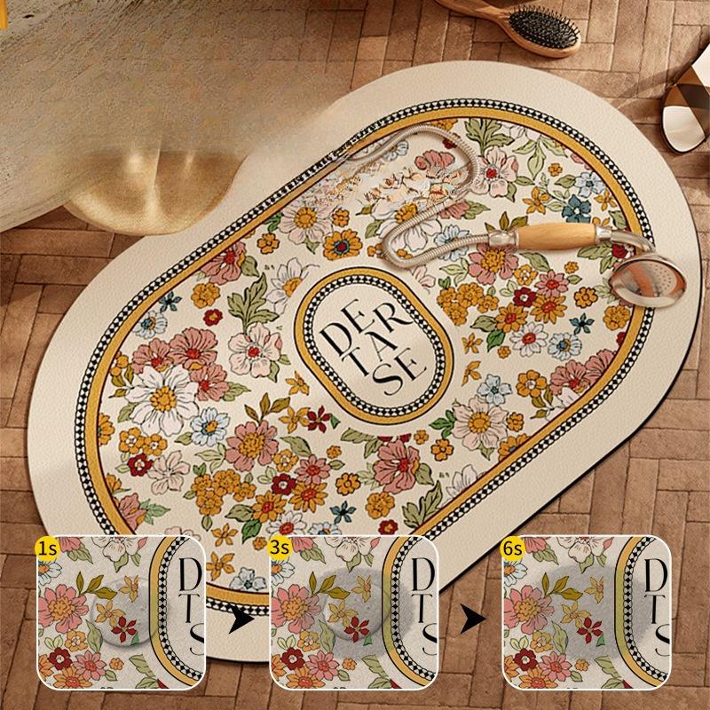 Retro Oval Bathroom Floor Mat Bathroom Anti-slip Mat Diatom Mud Water Absorption Mat Carpet Bathroom Toilet Foot Mat Door Mat