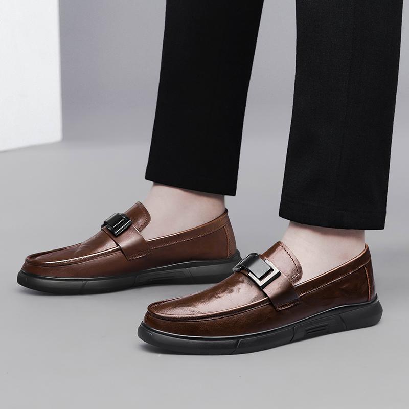 Fashion Metal Buckle Genuine Leather Loafers for Men Business Wedding Leather Shoes Soft Soled Casual Shoes Comfortable Driving Shoes