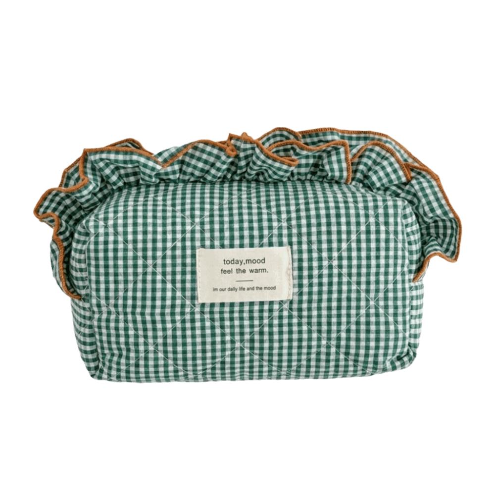 Two-Tone Gingham Plaid Cosmetic Pouch Cotton Storage Pouch Ins Ruffle Edge Makeup Bag  Student Dorm зелёный