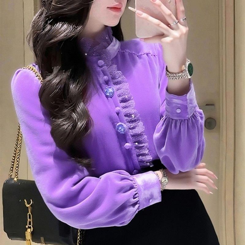 

Purple Ruffle Stand Collar Fleece Top - 2025 Winter Collection S 110-130 lbs фиолетовый