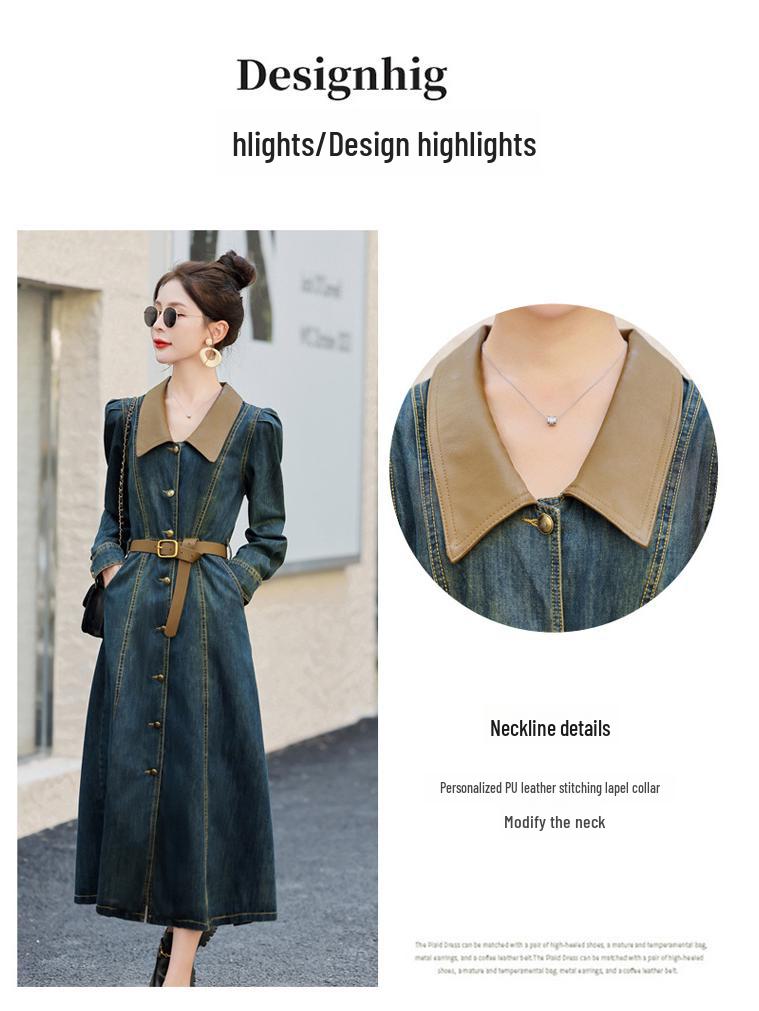 Autumn 2023 Retro Denim A-line Dress: Women's Long Sleeve, Waist-Slimming, Medium Length, Lapel Style