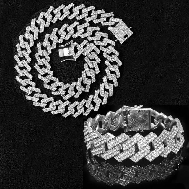 A Set Hip Hop Miami Curb Cuban Chain Necklace Golden Iced Out Chain Rhinestones CZ Rapper Link Silver Color Necklace Men Jewelry