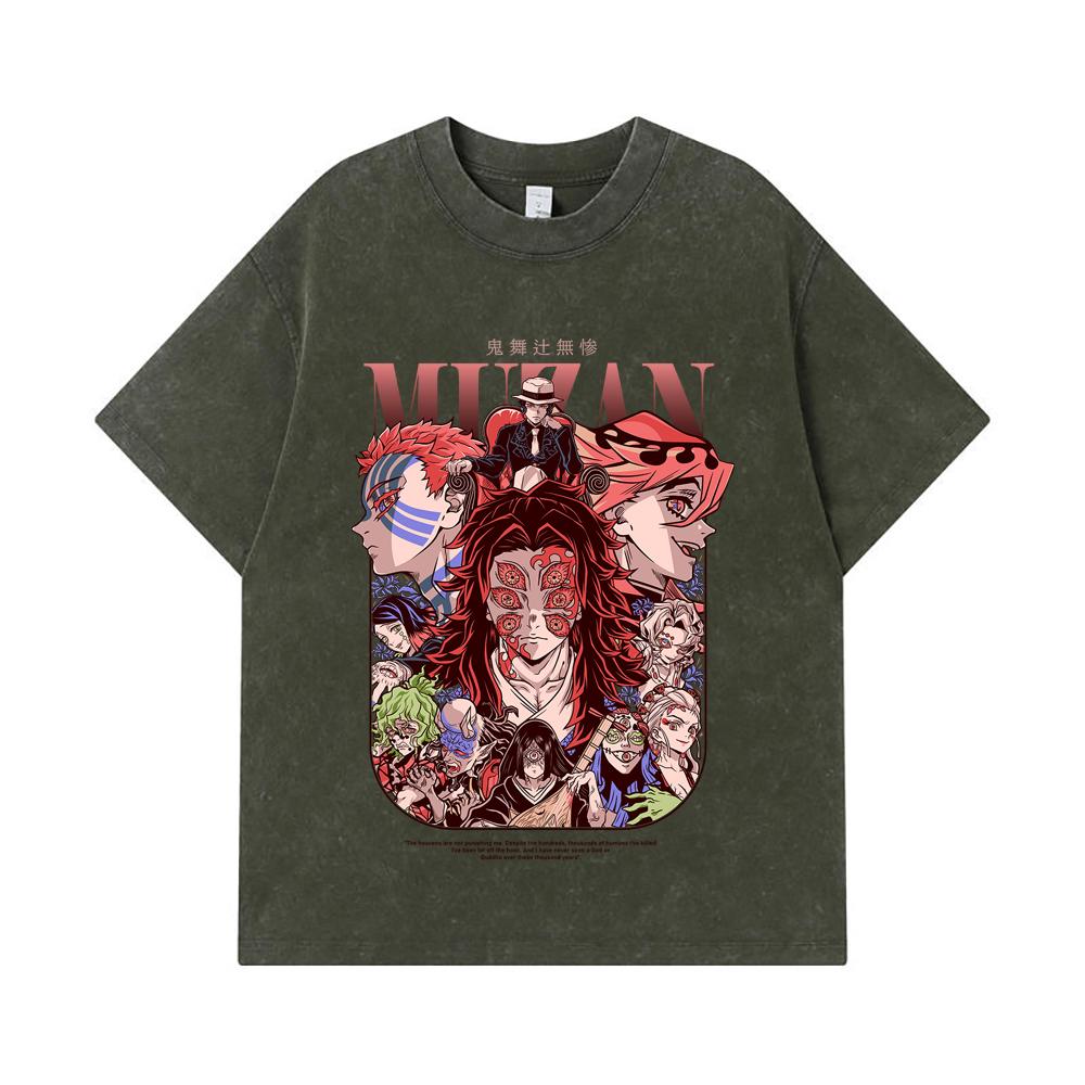 

275 GSM Washed T-shirts 100% Cotton Demon Slayer V21 Demons Print Unisex Heavy Cotton T Shirt S армия зеленый