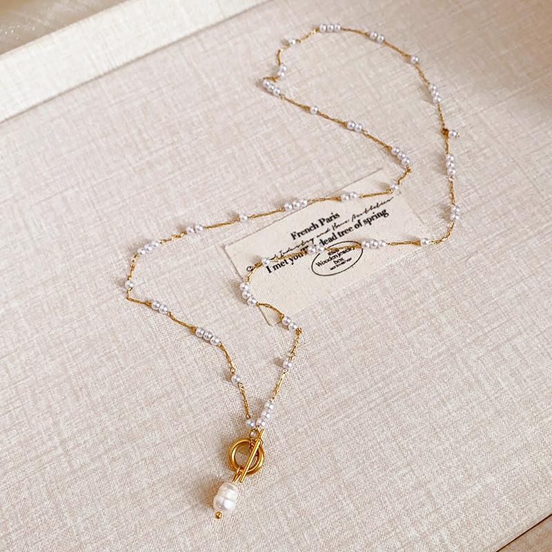 Titanium Steel Elegant Pearl Choker Chain With Geometric Shape For Ladies