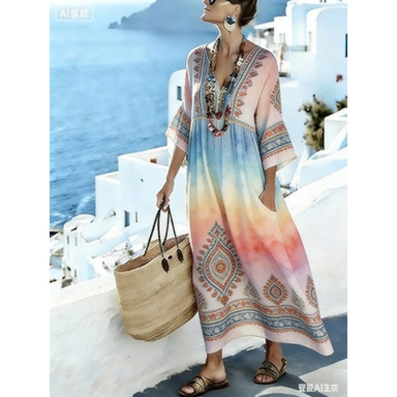 New retro ethnic style geometric rhombus print dress V-neck flared mid-sleeved pocket loose holiday dress
