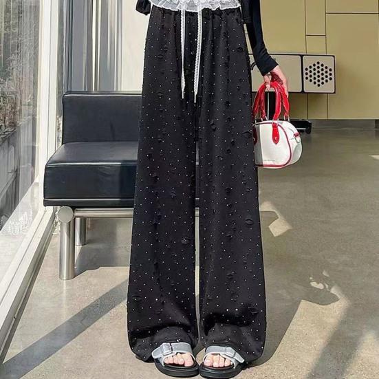 Damenhosen Elastisch Hohe Taille Verstellbarer Kordelzug Einfarbige Weiter Bein Lässige Hosen Durchlöchertes Design Lockere Passform Lang
