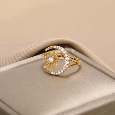 Zircon Star Moon Rings For Women Gold Color Stainless Steel Geometric Star Moon Ring Engagement Wedding Christmas Jewelry Gift