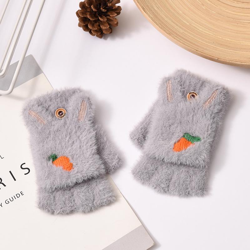 Kids' Cartoon Knitted Flip-Top Fingerless Winter Gloves - Unisex, Warm, Velvet-Lined, Thickened