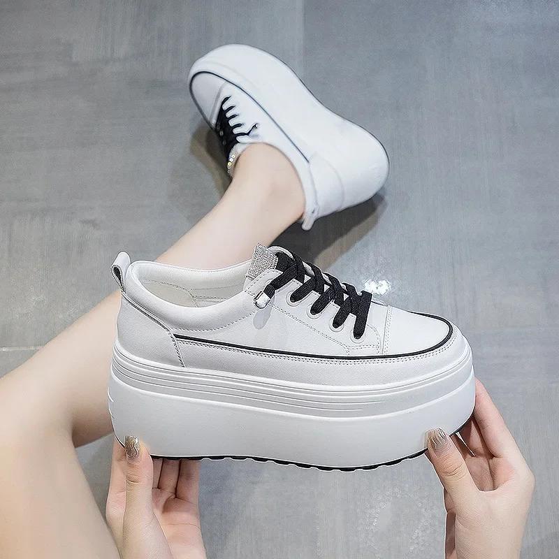 8cm White Genuine Leather Platform Heel Women Flats Shoes Comfortable Casual Creepers Chunky Sneaker Summer Bling Shoes Women