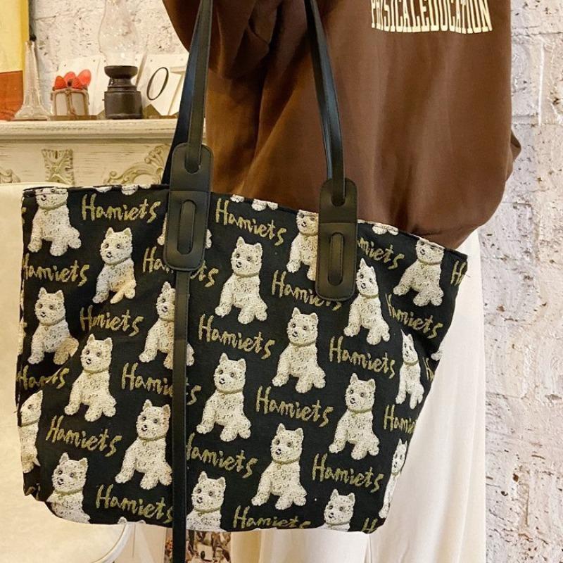 01 New Canvas Bag Large Capacity Black and White Leopard Print Bag Bell Dog Armpit Bag Portable Tote Bag