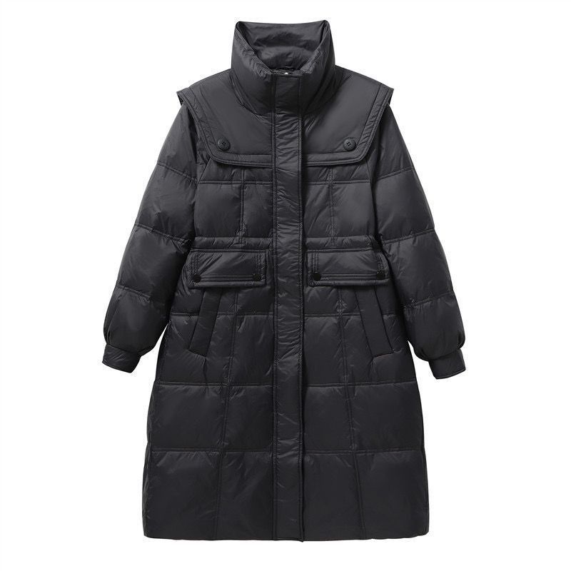 Slim-Fit and Waist-Hugging Women's Down Coat for Winter, Mid-Length Style with Thicken Navy Collar, Warm and Cozy