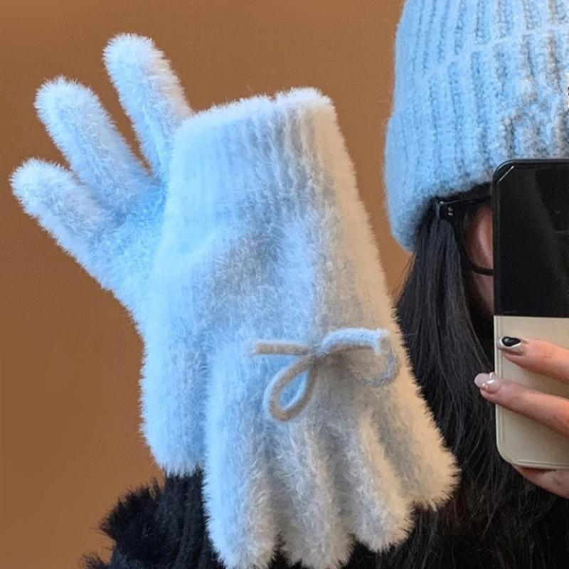 Plush Cute Butterfly Knot Knitted Gloves For Women In Winter, Anti Freeze Cycling Warmth Gloves Five-Finger Gloves