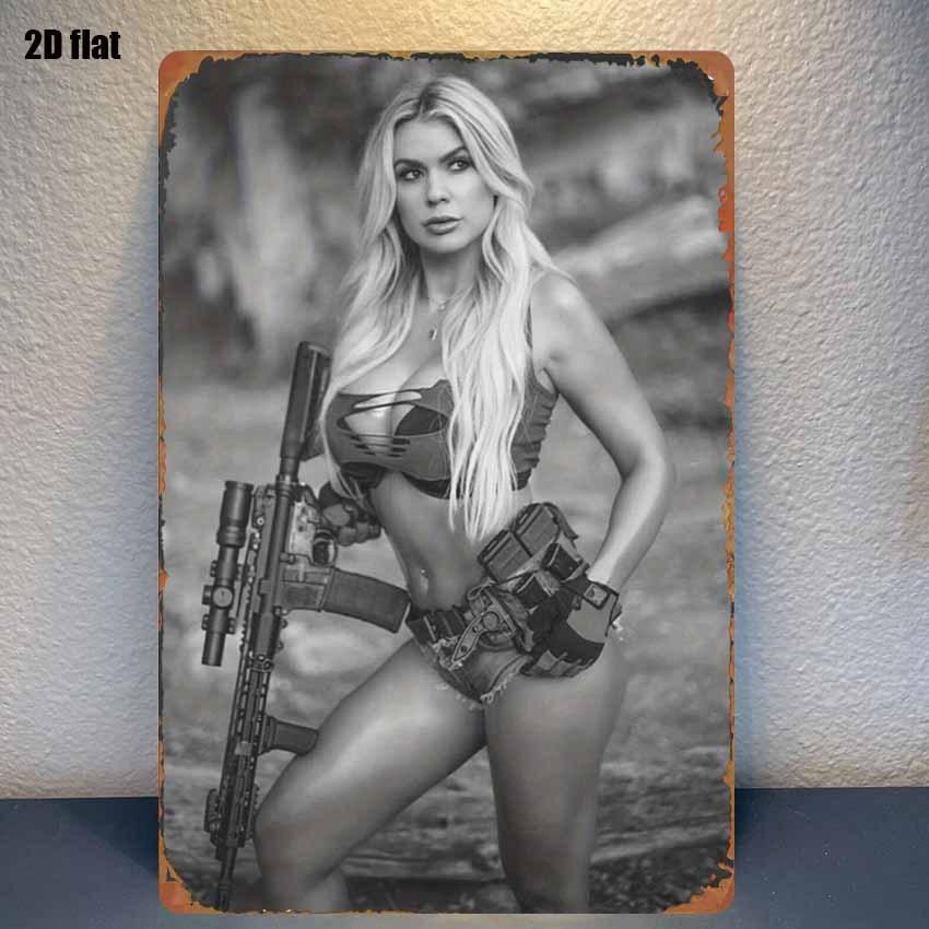 Female Soldier D Metal Wall Decor Heavy Duty Iron Military Camouflage Rifle Tactical Gear Sign for Gun Shop Barracks Cave