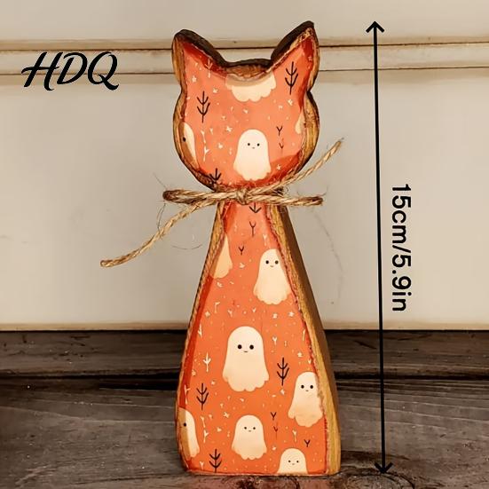 Harvest Celebration Mantel Decor Rustic Wooden Cat Ornament Vintage Halloween/Flower Wood Tabletop Signs Decorative Figurines for Fall Distressed
