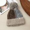 Korean Version of All match Color blocking Plaid Wool Hat Cute Fur Ball Plus Velvet Warm Hat Autumn and Winter Outdoor Leisure Cold Hat New
