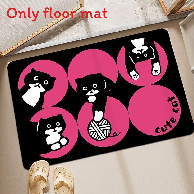 Cute Dog Cartoon Cat Checkered Pattern Diatom Mud Cushion Kitchen Carpet Toilet