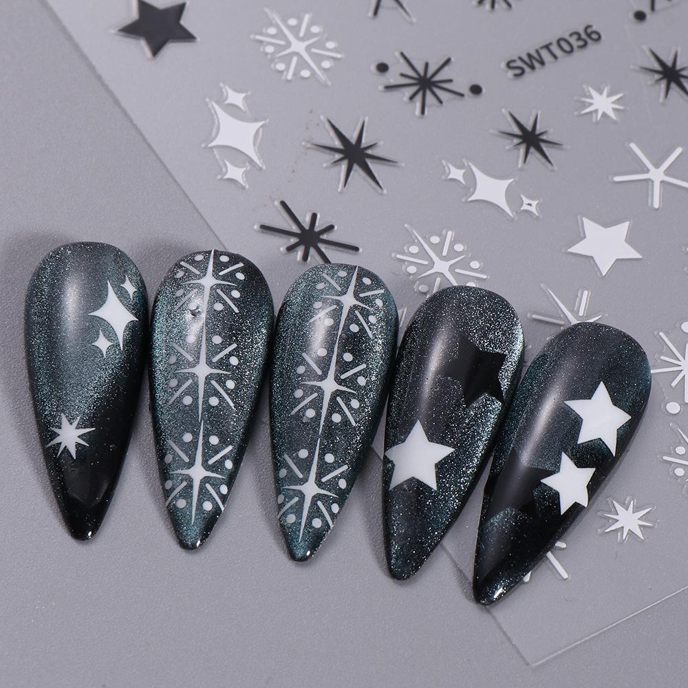 Nail Sticker with Gold Hot Stamping, Three Color Leaf Painting, Hollowed Out Flower, Black and White Star, Nail Back Adhesive Sticker
