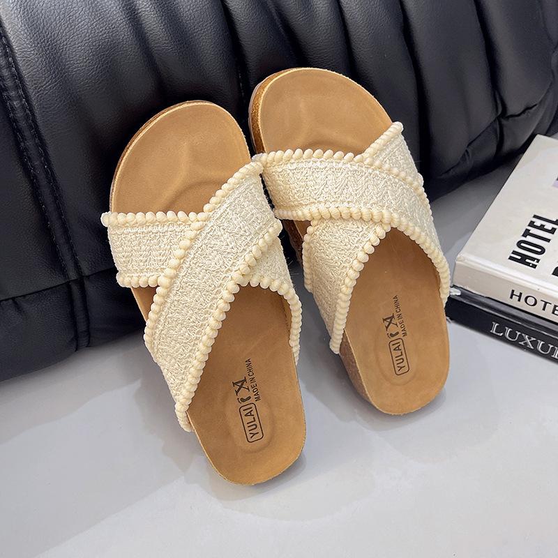 2025 Summer New Flat-bottomed Slippers Women's Wear Cross-toe One-word Drag Soft-bottomed Casual Versatile Cool Slippers