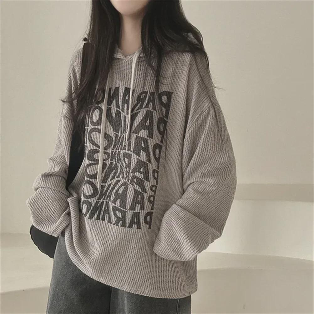 Women's Korean Style Waffle Hoodie - Casual Loose Fit, Autumn/Winter, Plus Velvet