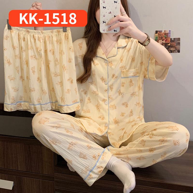 Sweet Striped Bow Print Korean Style Crinkle Pajamas Set for Women - Three-Piece, Short Sleeve Homewear.