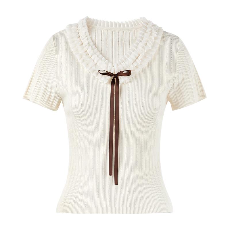 Elegant V-Neck Knit Top with Contrast Bow L