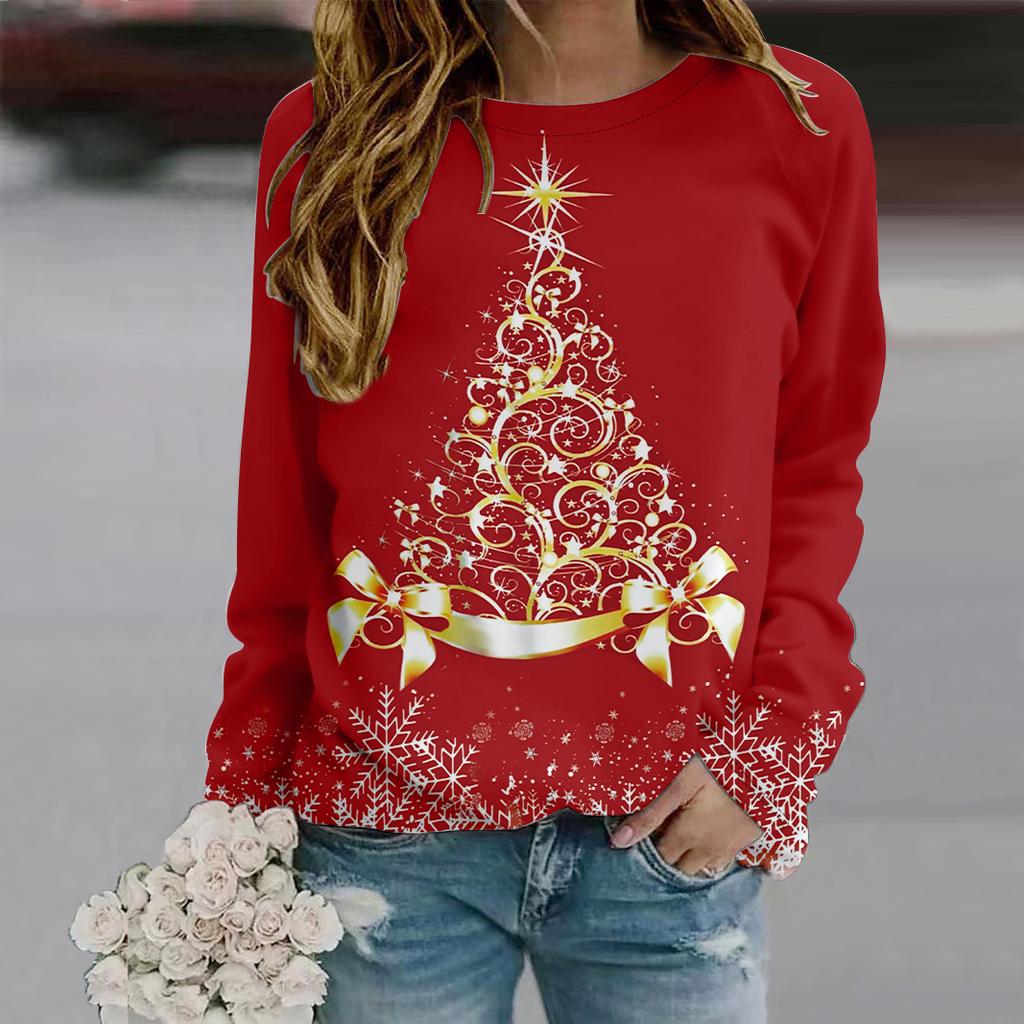 Fall Autumn Women'S Fashion O Neck Long Sleeve T-Shirt Loose Clothes Christmas Tree Print T Shirt