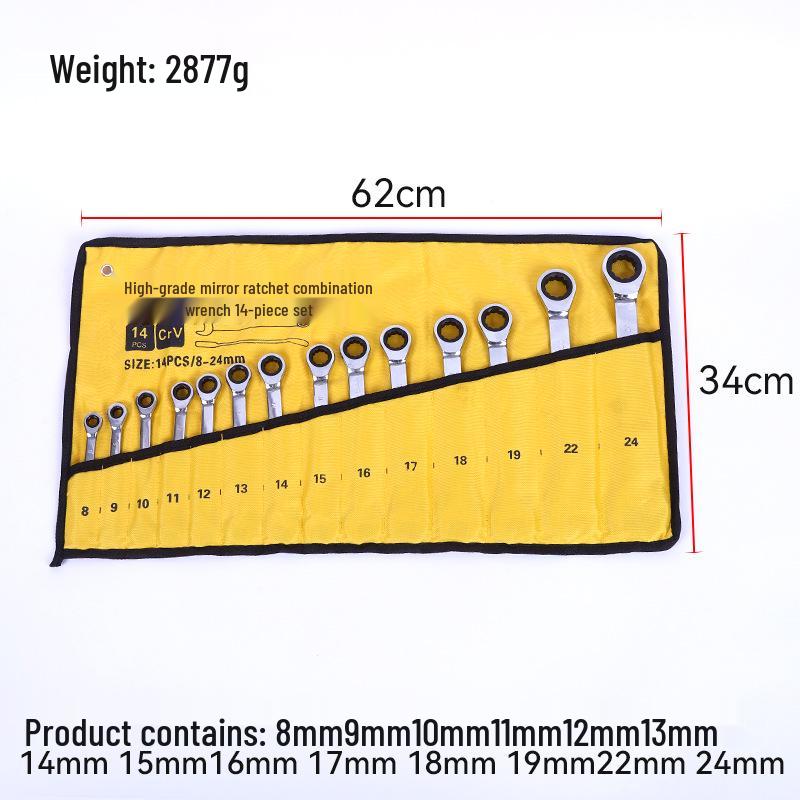 14-Piece Dual-Use Mirror-Finish Ratchet Wrench Set with Flower-Shaped Open End