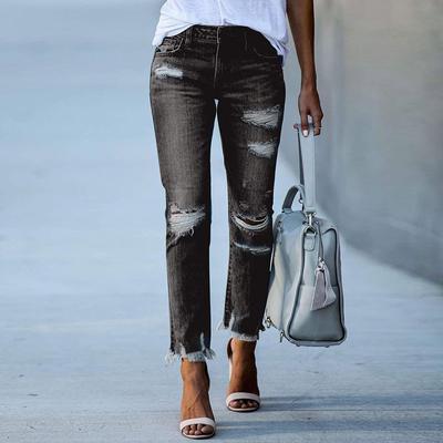 Women's Versatile Ripped Solid Color Denim Jeans