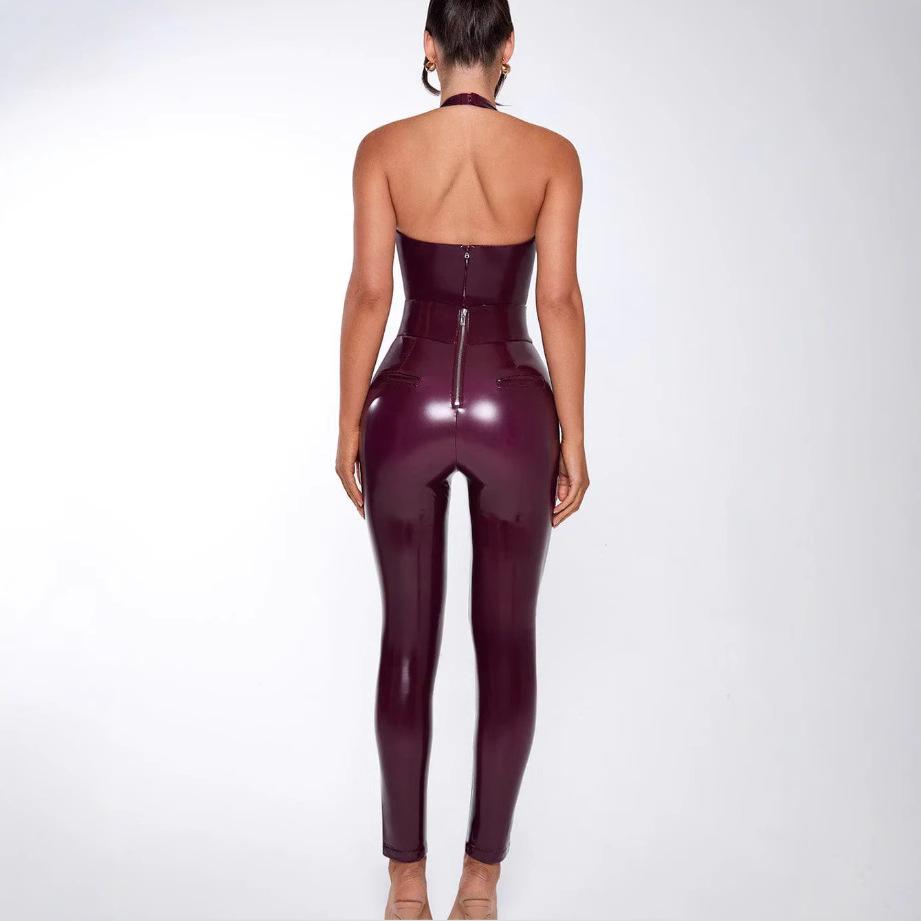 Ny Cross-Border Sexy Dyp V Halter Lær Bodycon Dame Jumpsuit