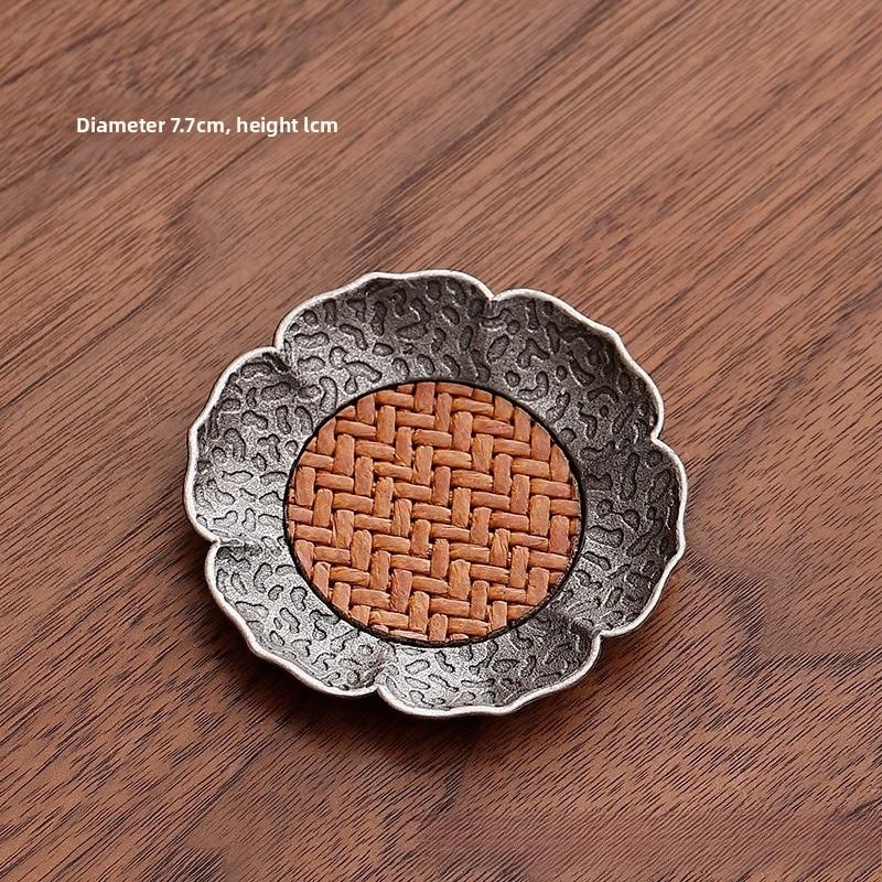 Antique silver alloy teacup pad, bamboo mat, thermal insulation teacup, cup holder, tea saucer, kung fu tea set accessories